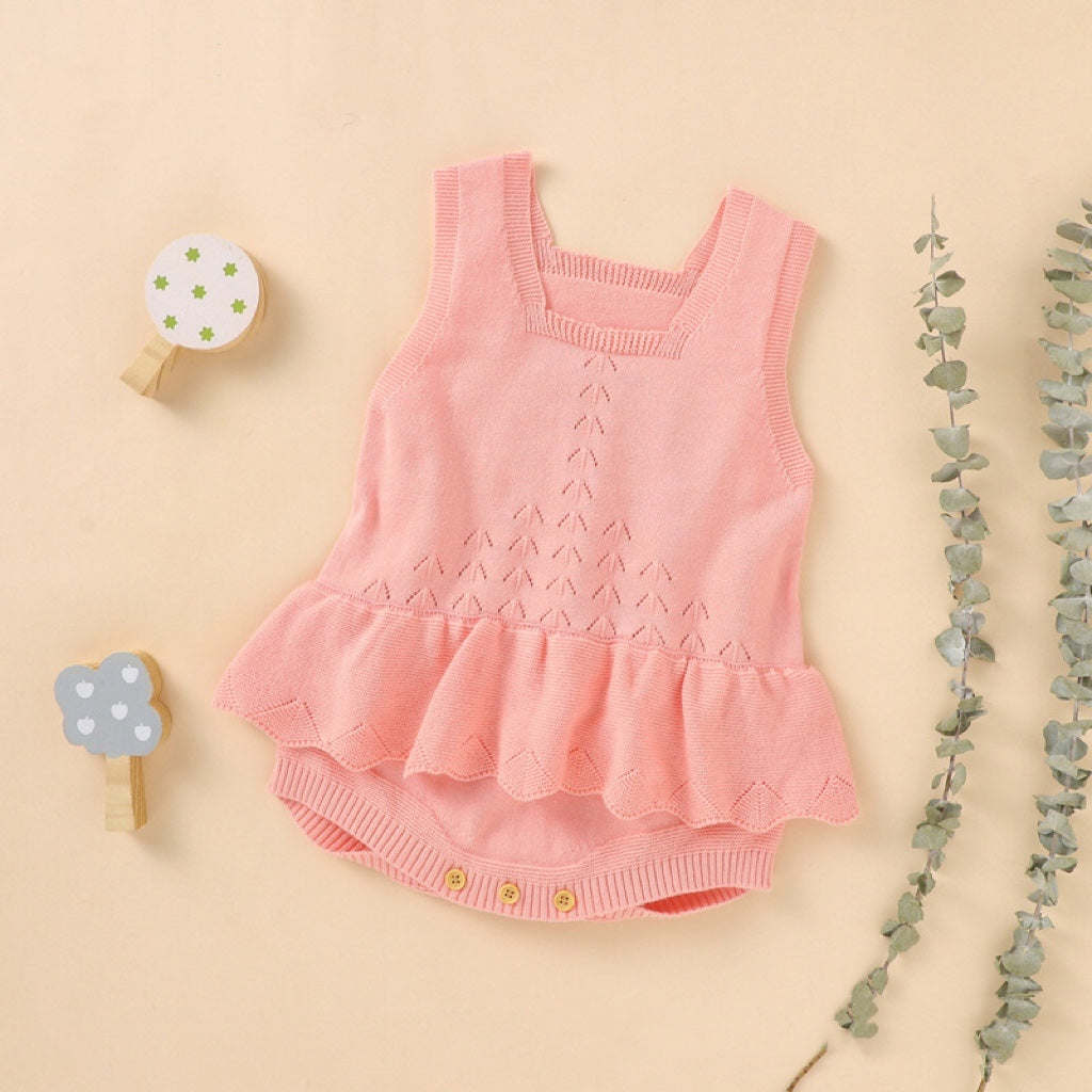 Baby Girl 1pcs Hollow Carved Design Square Neck Ruffle Deisign Knitted Onesies