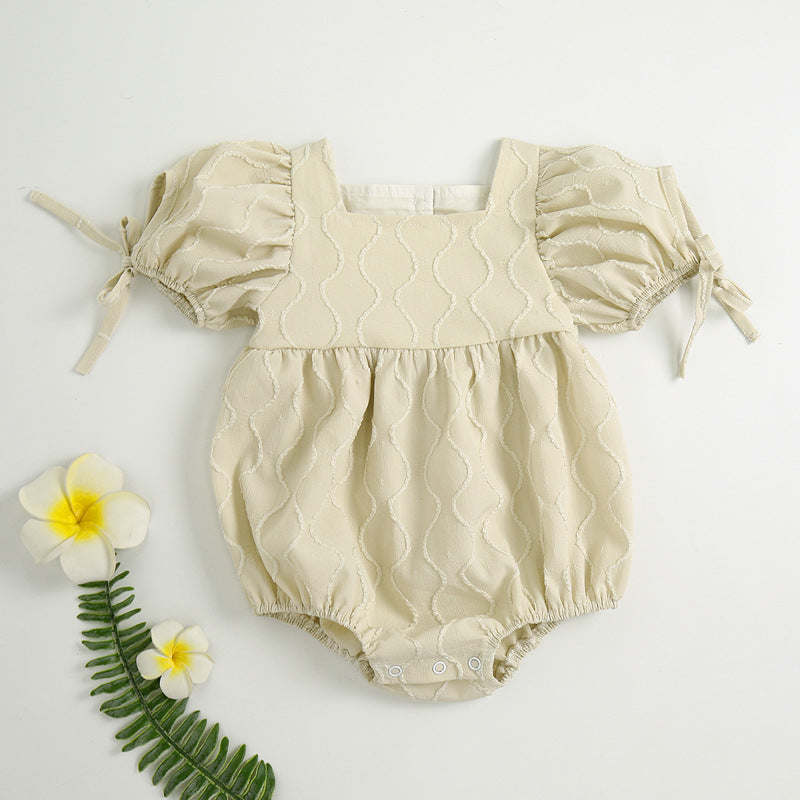 Baby Girls Embroidery Design Solid Color Square Collar Puff Sleeves Onesies In Summer