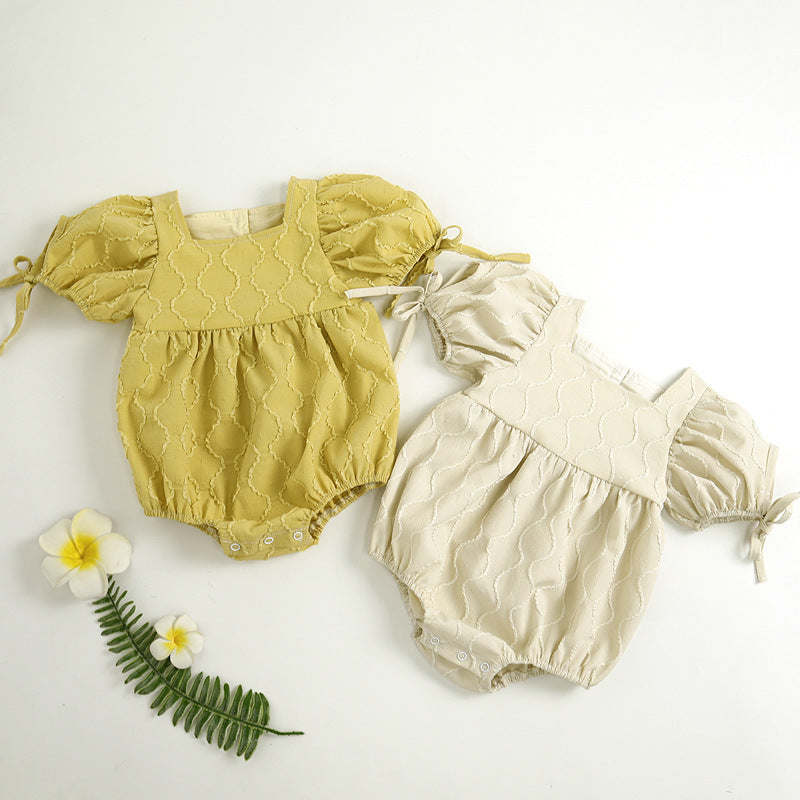 Baby Girls Embroidery Design Solid Color Square Collar Puff Sleeves Onesies In Summer