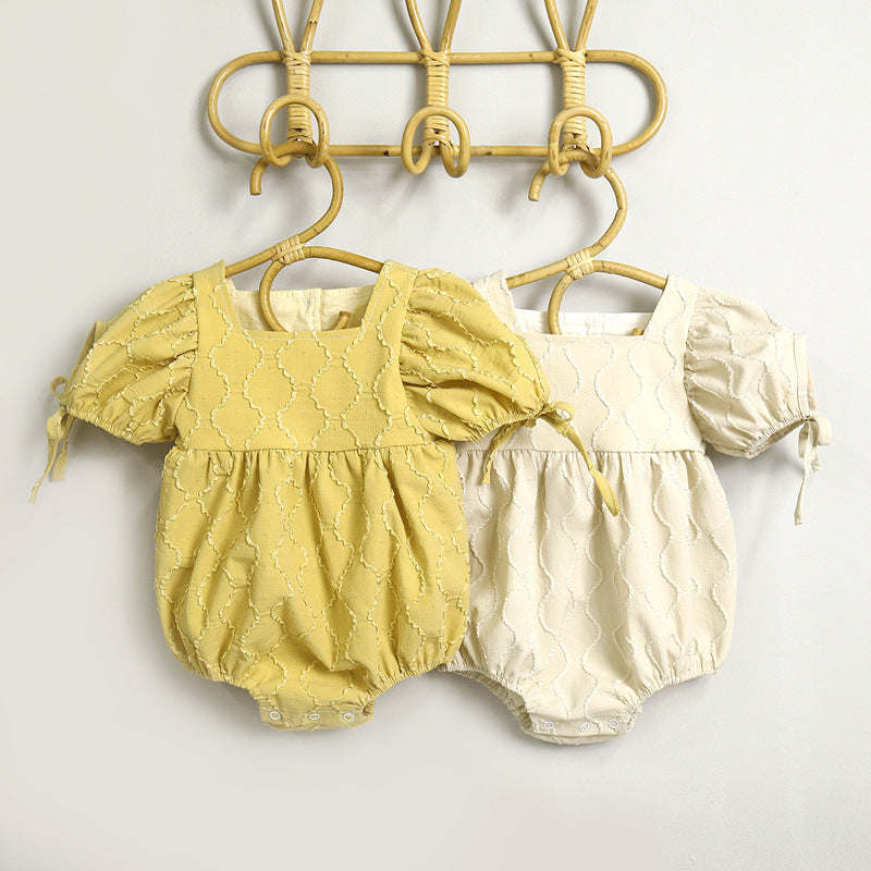 Baby Girls Embroidery Design Solid Color Square Collar Puff Sleeves Onesies In Summer