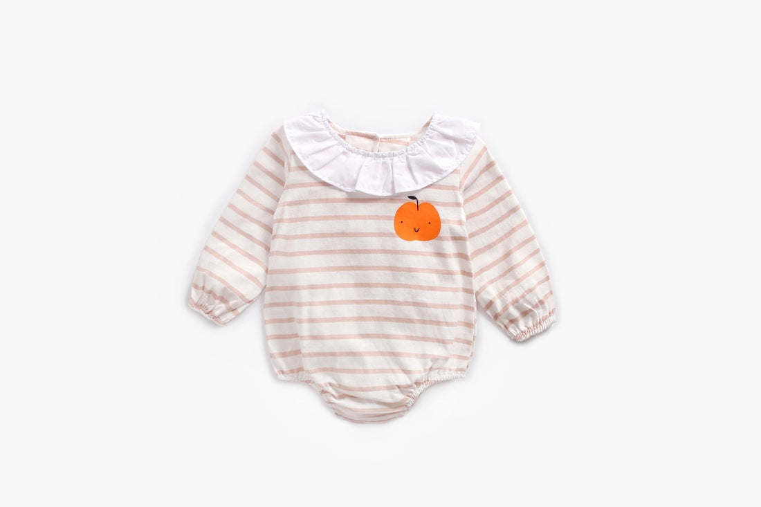 Baby 1pcs Cartoon Orange Print Striped Pattern Ruffle Neck Onesies