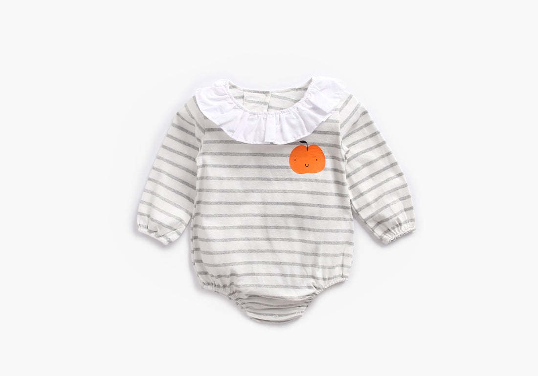 Baby 1pcs Cartoon Orange Print Striped Pattern Ruffle Neck Onesies