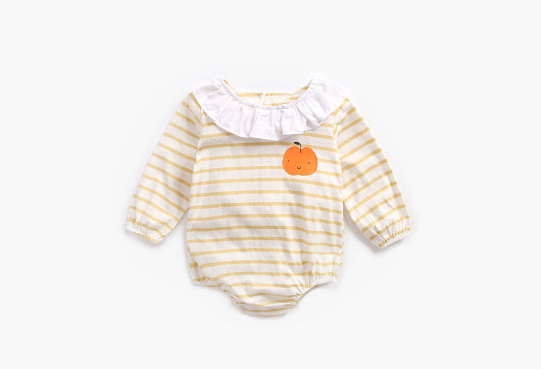 Baby 1pcs Cartoon Orange Print Striped Pattern Ruffle Neck Onesies