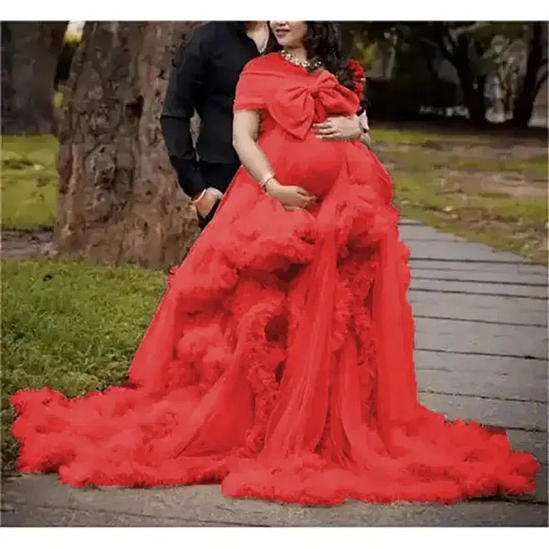 Color: Red, Maternity Size: 6, Ships From: CHINA - BIG BOW Tulle Ruffle maternity dresses photoshoot baby shower ???? ? ?????? ?? ??&e