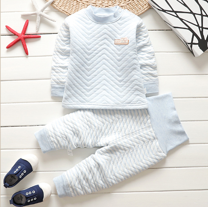 Color: blue, Height: 90cm - Autumn and winter new children's thermal underwear set boys and girls thickening infant three-layer warm high waist set