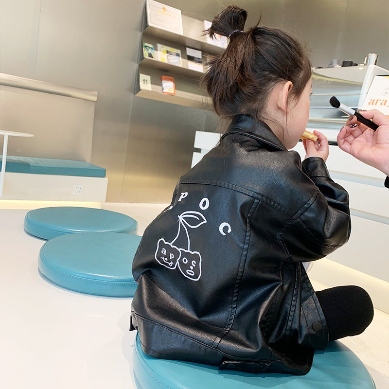 Color: Cherry leather plus cashmere, Size: 110CM - Girls And Boys Handsome Leisure Motorcycle Leather Jackets