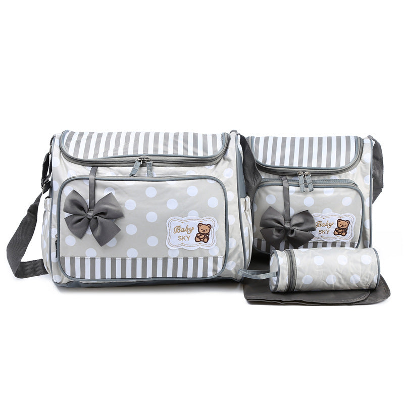 Color: Gray, Size: Four piece suit - Mommy Bag Four-Piece Bowknot Outing One-Shoulder Multifunctional Large-Capacity Bag For Mother, Baby And Mother