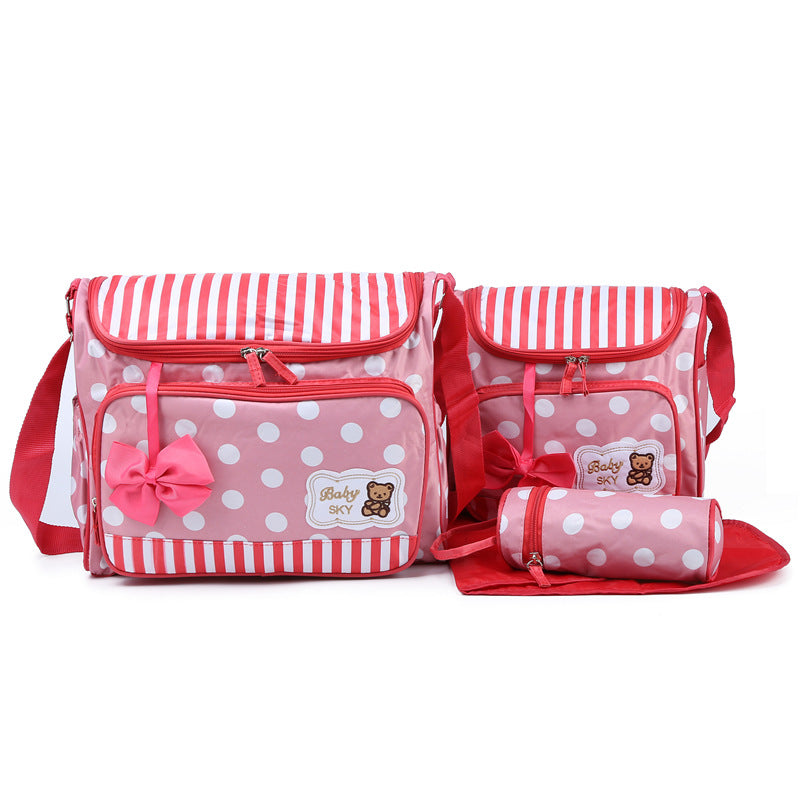 Color: Red, Size: Four piece suit - Mommy Bag Four-Piece Bowknot Outing One-Shoulder Multifunctional Large-Capacity Bag For Mother, Baby And Mother