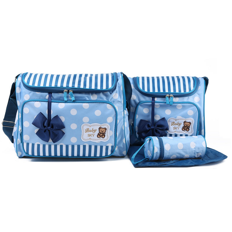 Color: Blue, Size: Four piece suit - Mommy Bag Four-Piece Bowknot Outing One-Shoulder Multifunctional Large-Capacity Bag For Mother, Baby And Mother