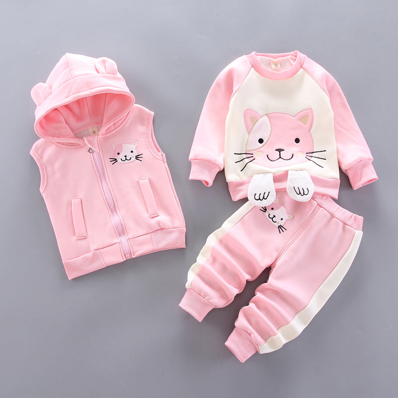 Color: Pink, Appropriate Height: 90cm - Plus Velvet Warm Three-Piece