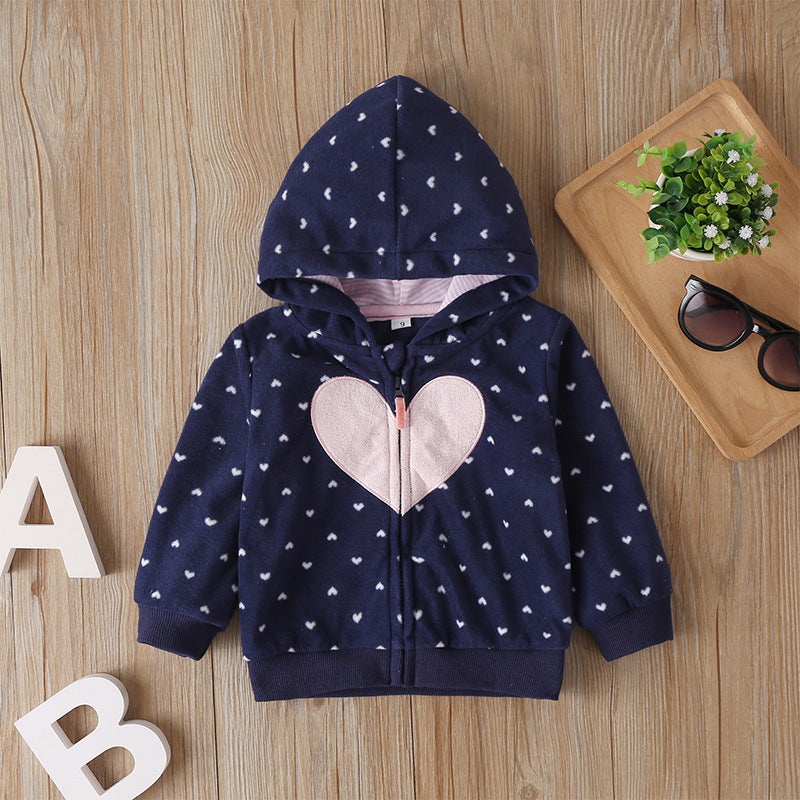 Color: Blue, Child size: 24M - Heart-shaped Print Hooded Zipper Jackets Girls Long Sleeve Warm Outwear Kids Clothes