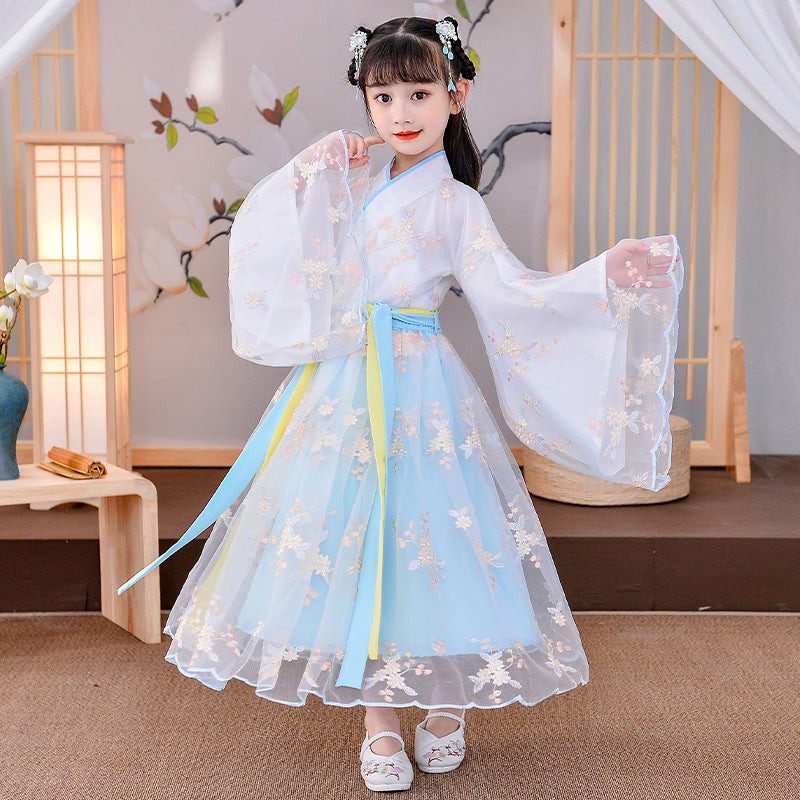 Color: Blue, style: Without shoes-150cm, Child size: - Chinese Style Dress Children's Long-Sleeved Antique Skirt