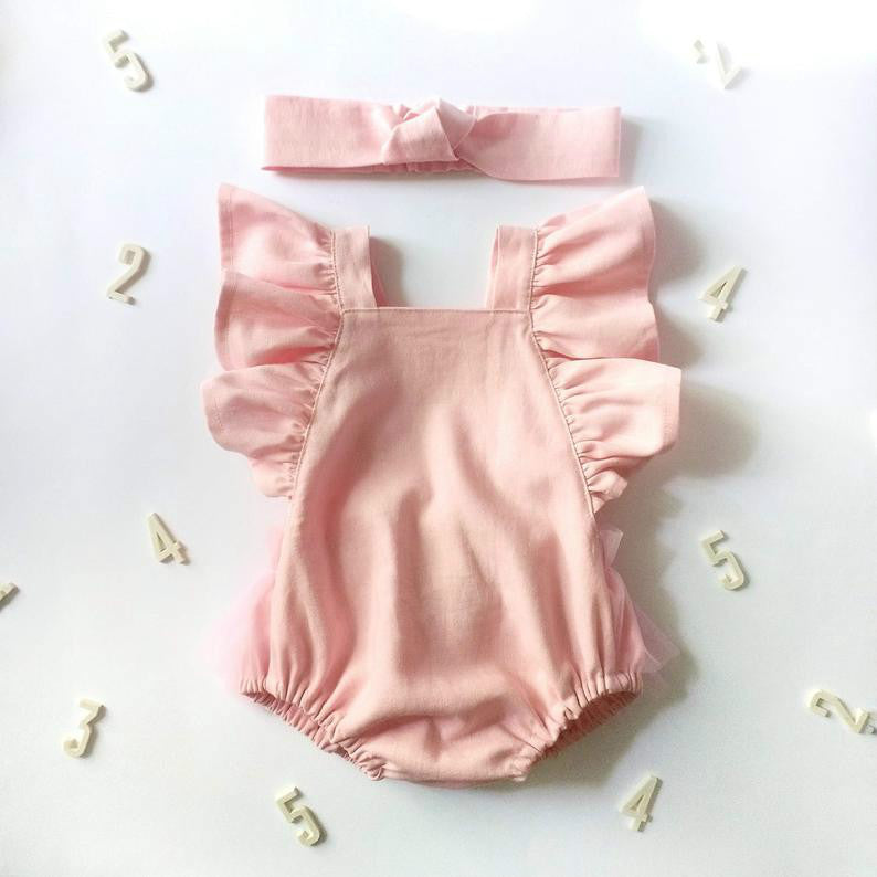Summer Newborn Cotton And Linen Romper Pure Color Net Yarn Bow Baby Romper