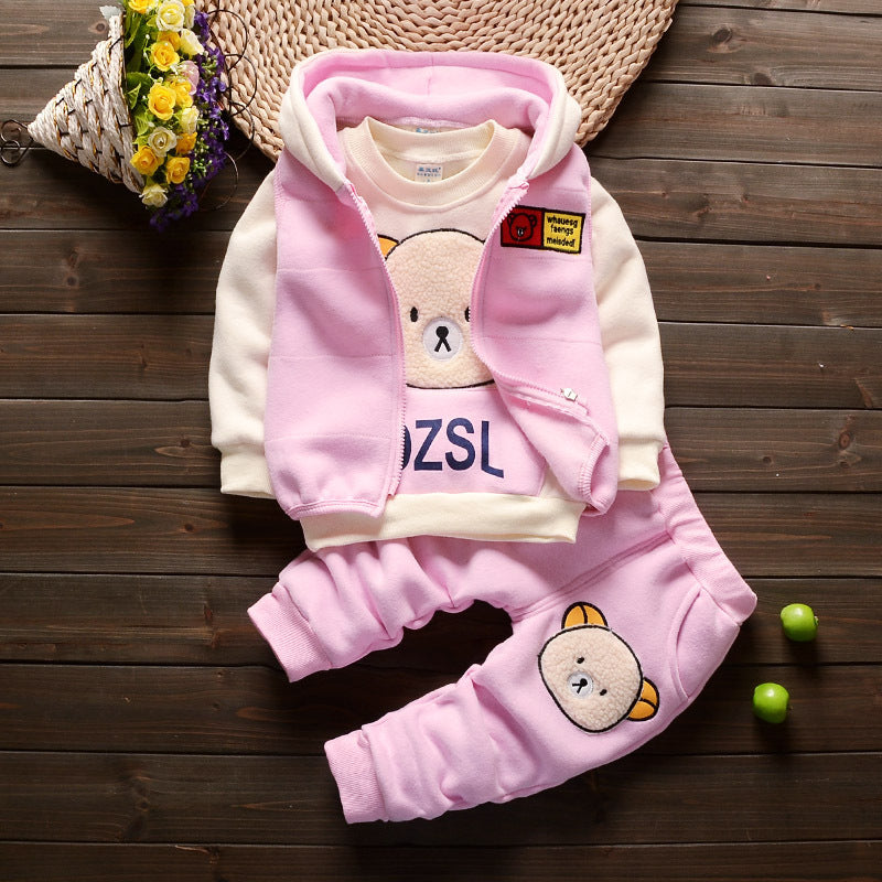 Color: Pink bear, Appropriate Height: 100cm - Plus Velvet Warm Three-Piece