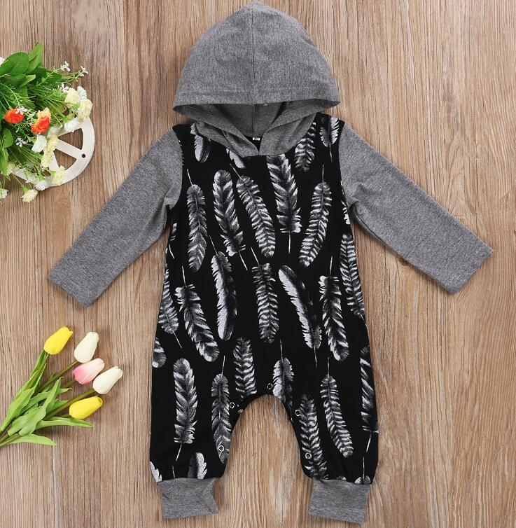 Size: 100, style: Long - Hooded Feather Print Romper