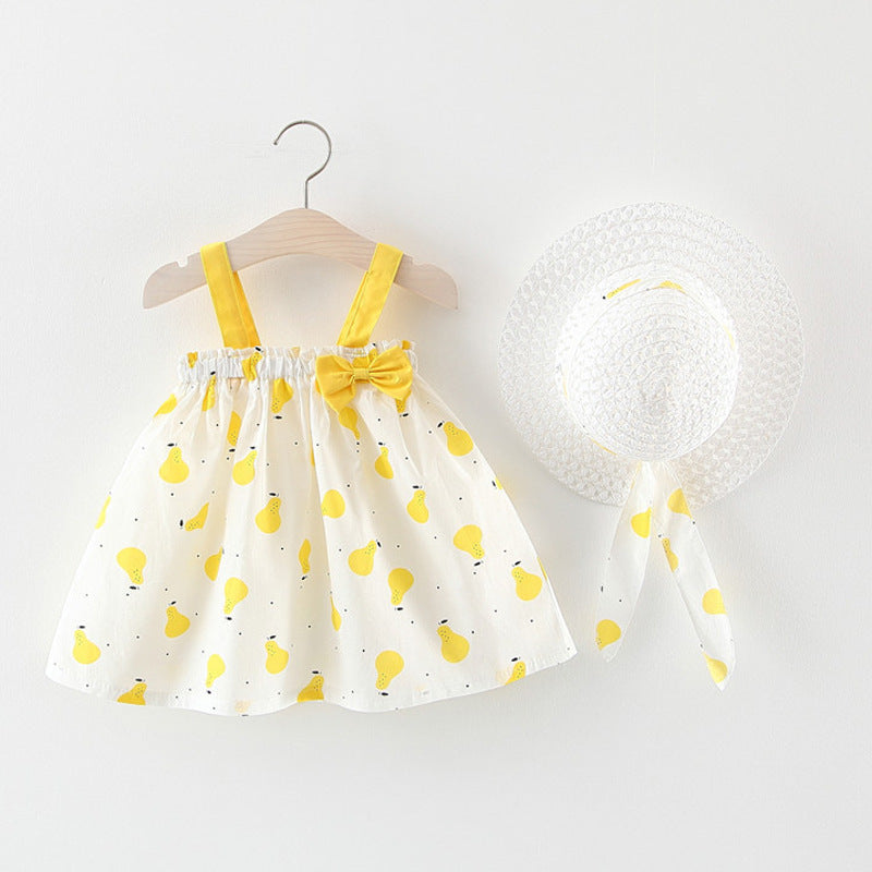 Summer new girls dress skirt two baby Korean print princess dress with straw hat