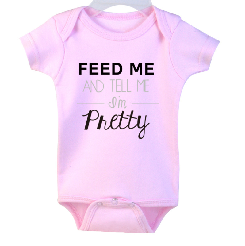 Cross-border 2021 new men and women baby summer short-sleeved romper foreign trade explosion models feed me English printing clothes