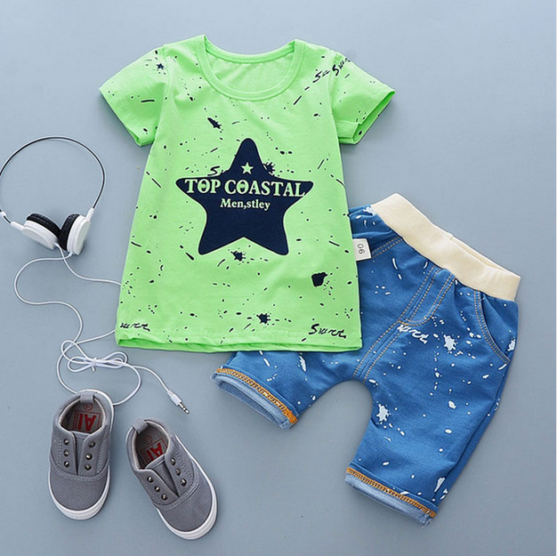 Color: Green stars, Size: 100cm - 2021 summer baby boys outfits sports