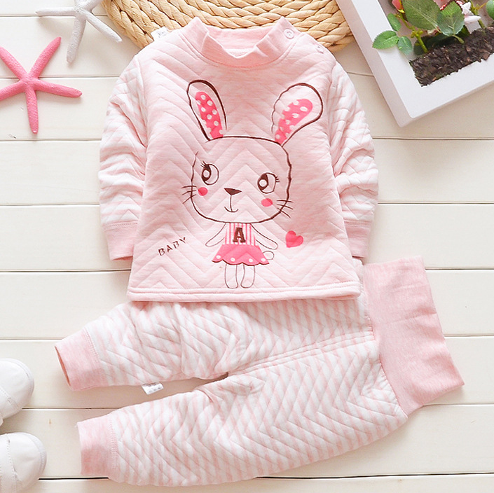 Color: Pink Rabbit, Height: 80cm - Autumn and winter new children's thermal underwear set boys and girls thickening infant three-layer warm high waist set