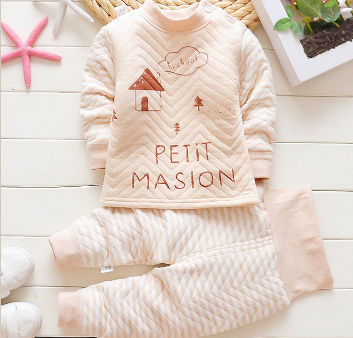 Color: Brown alphabet, Height: 100cm - Autumn and winter new children's thermal underwear set boys and girls thickening infant three-layer warm high waist set