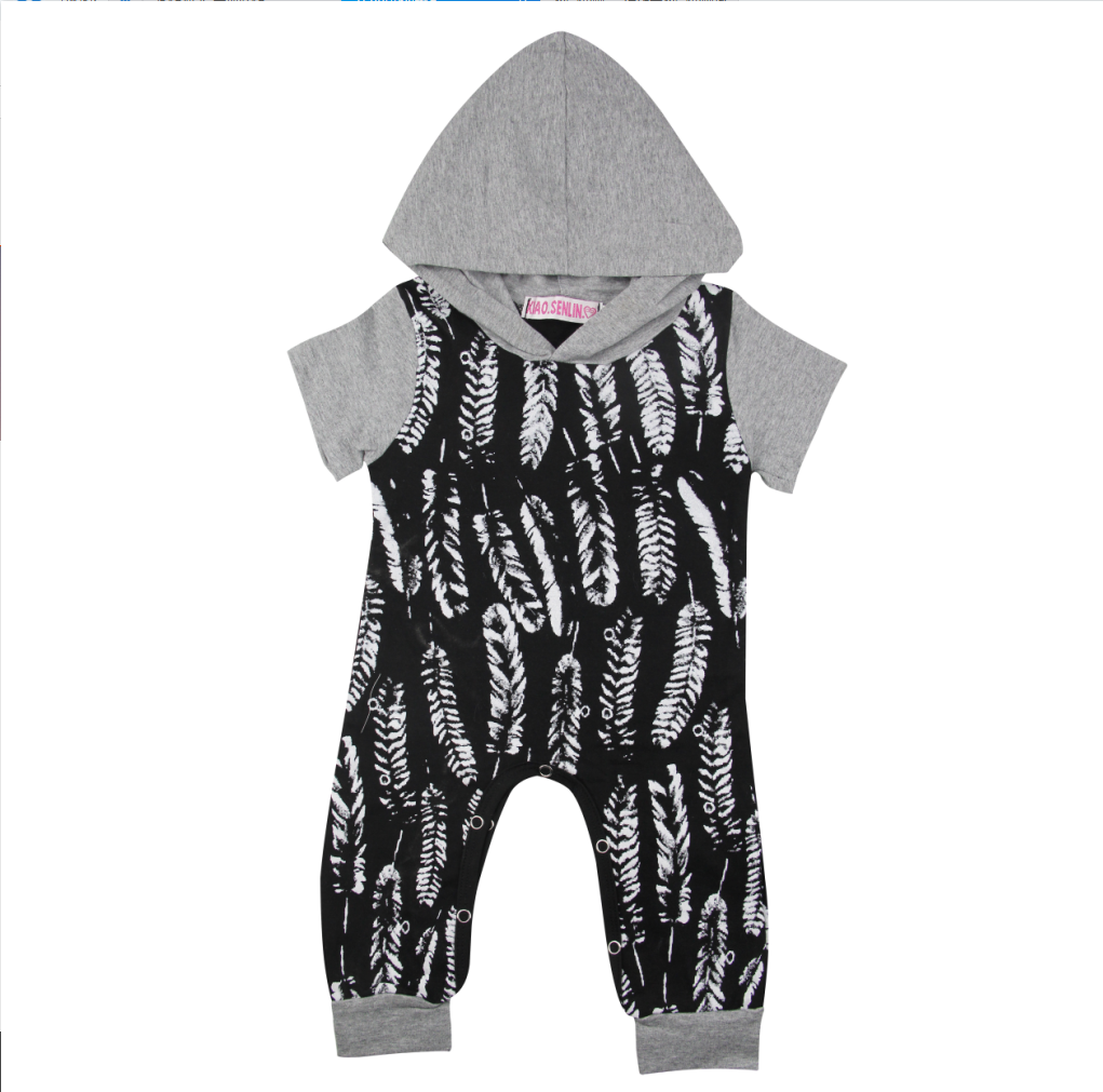Size: 100, style: Short - Hooded Feather Print Romper