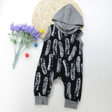 Size: 100, style: Sleeveless - Hooded Feather Print Romper