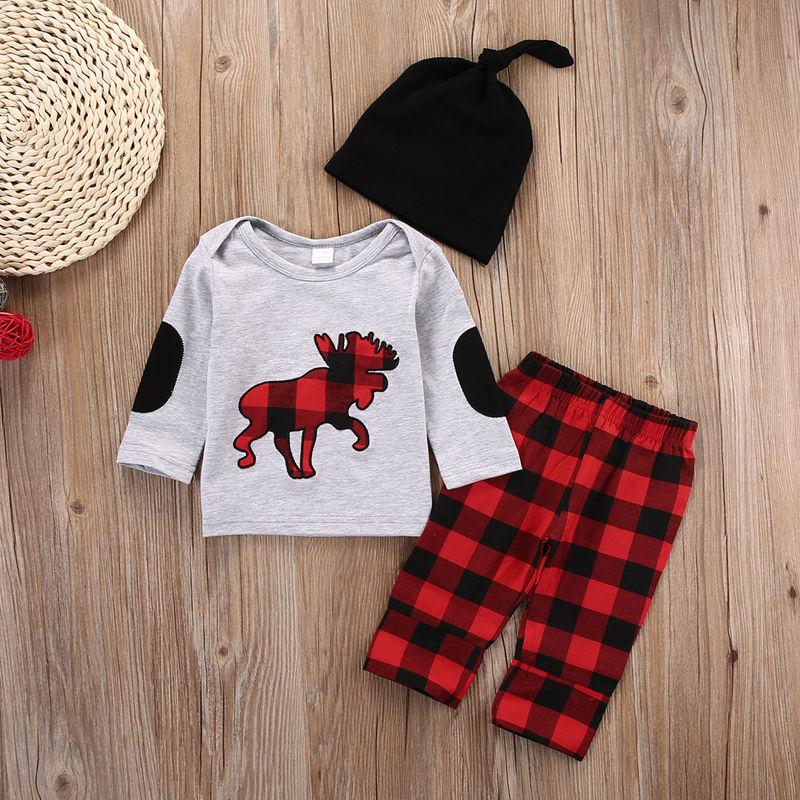 Plaid Moose Hat T-shirt Pants 3pcs Baby Outfit Set