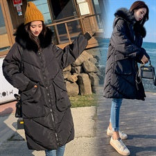 Color: Deep black, Size: M - Maternity wear pregnant women coat winter large size coat tide mom fur collar long hooded jacket