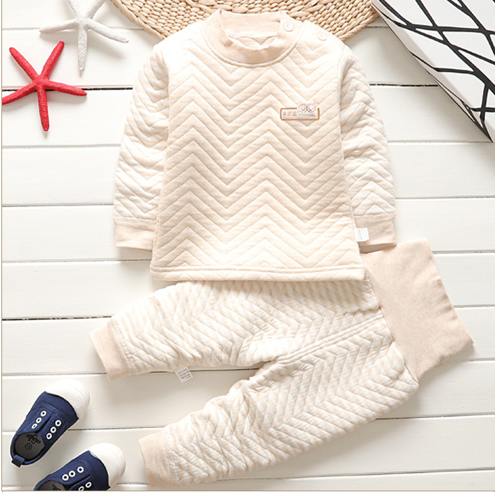 Color: brown, Height: 70cm - Autumn and winter new children's thermal underwear set boys and girls thickening infant three-layer warm high waist set