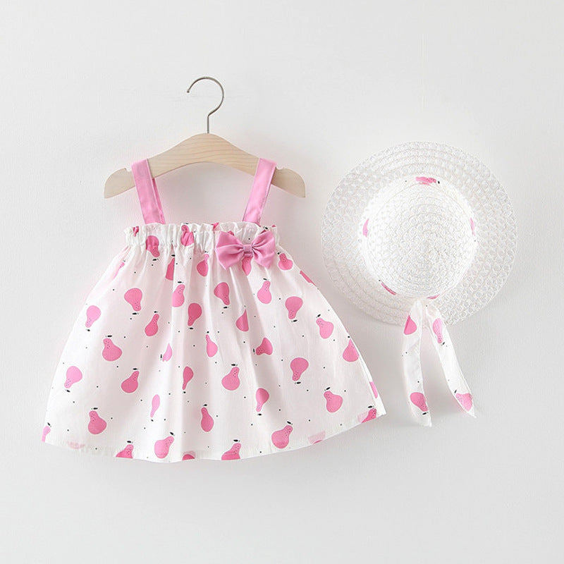 Summer new girls dress skirt two baby Korean print princess dress with straw hat