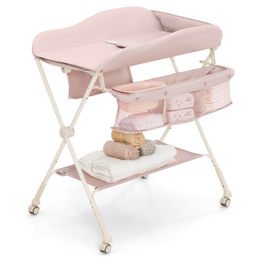Baby Diaper Changing Table with Water Basin Wheel-Pink - Color: Pink