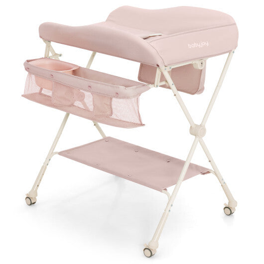Baby Diaper Changing Table with Water Basin Wheel-Pink - Color: Pink