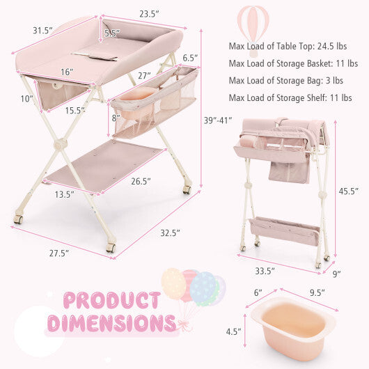 Baby Diaper Changing Table with Water Basin Wheel-Pink - Color: Pink