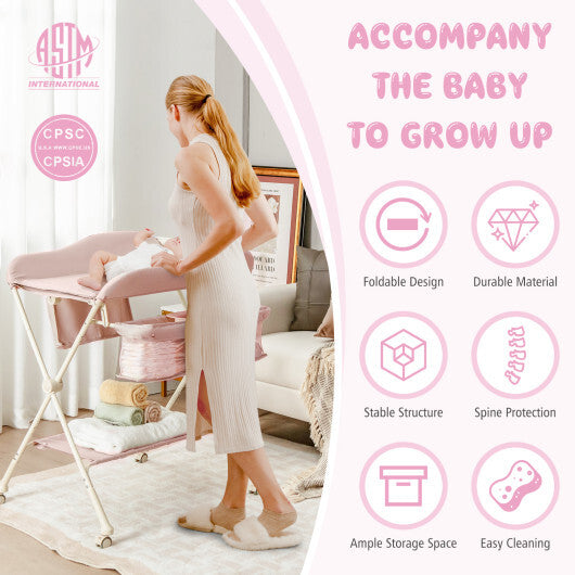 Baby Diaper Changing Table with Water Basin Wheel-Pink - Color: Pink