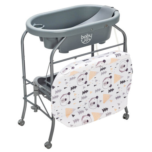 Portable Baby Changing Table with Storage Basket and Shelves-Gray - Color: Gray