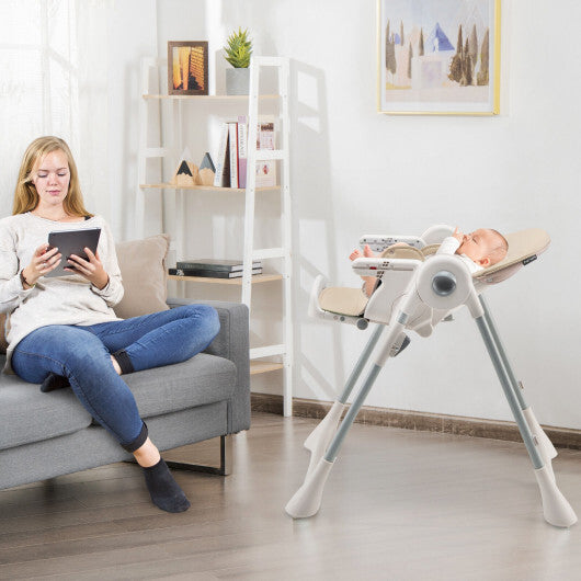 Baby Folding High Chair Dining Chair with Adjustable Height and Footrest-Beige - Color: Beige