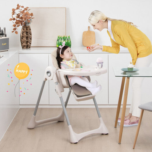 Baby Folding High Chair Dining Chair with Adjustable Height and Footrest-Beige - Color: Beige