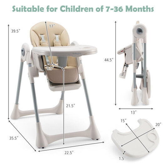 Baby Folding High Chair Dining Chair with Adjustable Height and Footrest-Beige - Color: Beige
