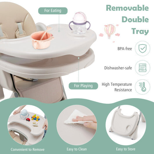 Baby Folding High Chair Dining Chair with Adjustable Height and Footrest-Beige - Color: Beige