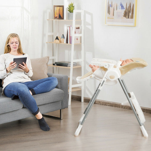 Foldable Baby High Chair with Double Removable Trays and Book Holder-Beige - Color: Beige