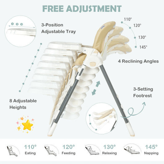 Foldable Baby High Chair with Double Removable Trays and Book Holder-Beige - Color: Beige