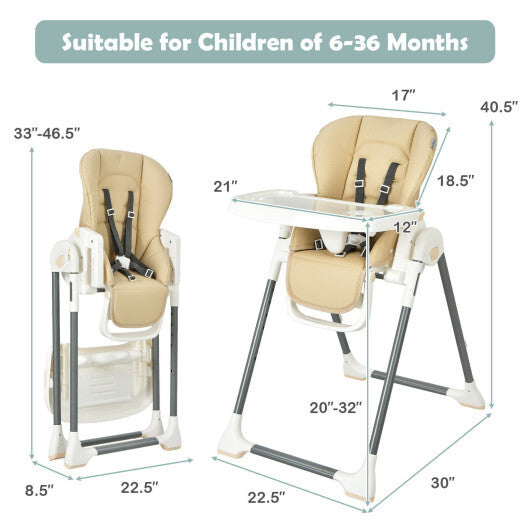 Foldable Baby High Chair with Double Removable Trays and Book Holder-Beige - Color: Beige