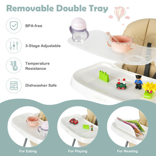 Foldable Baby High Chair with Double Removable Trays and Book Holder-Beige - Color: Beige
