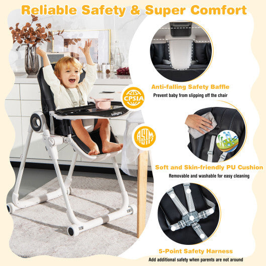 Baby High Chair Foldable Feeding Chair with 4 Lockable Wheels-Black - Color: Black