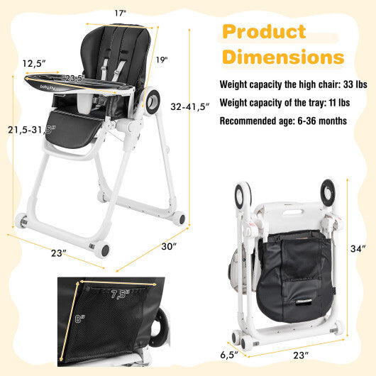 Baby High Chair Foldable Feeding Chair with 4 Lockable Wheels-Black - Color: Black