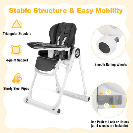Baby High Chair Foldable Feeding Chair with 4 Lockable Wheels-Black - Color: Black