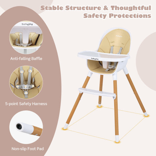 4-in-1 Convertible Baby High Chair Infant Feeding Chair with Adjustable Tray-Beige - Color: Beige