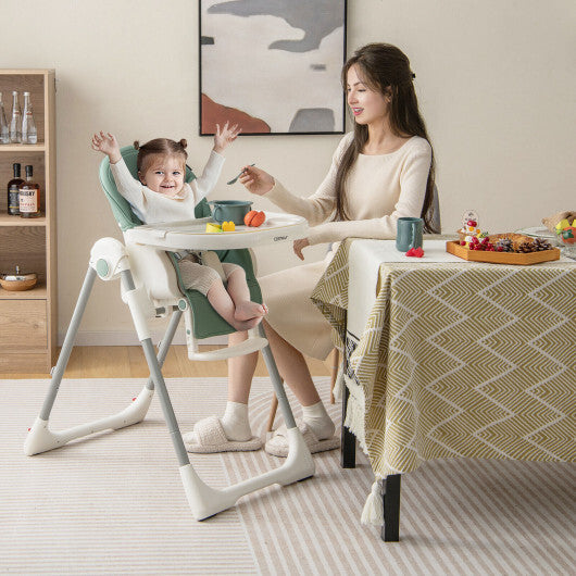 4-in-1 Foldable Baby High Chair with 7 Adjustable Heights and Free Toys Bar-Green - Color: Green