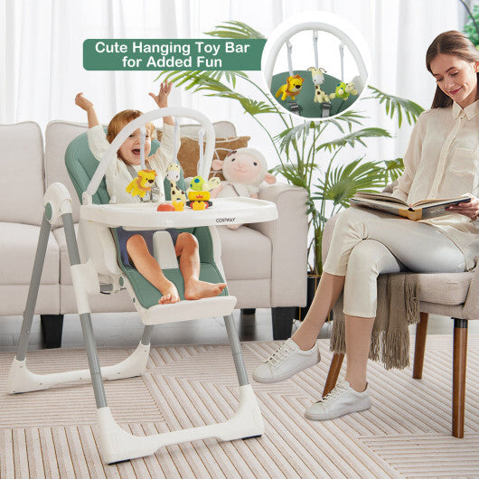 4-in-1 Foldable Baby High Chair with 7 Adjustable Heights and Free Toys Bar-Green - Color: Green