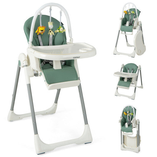 4-in-1 Foldable Baby High Chair with 7 Adjustable Heights and Free Toys Bar-Green - Color: Green